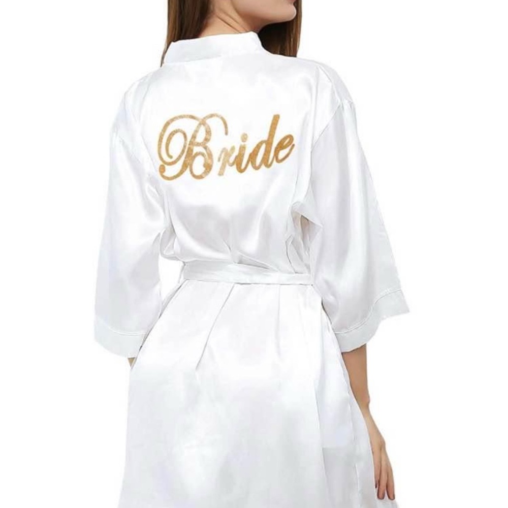 White Satin Bride Robe with Gold Lettering